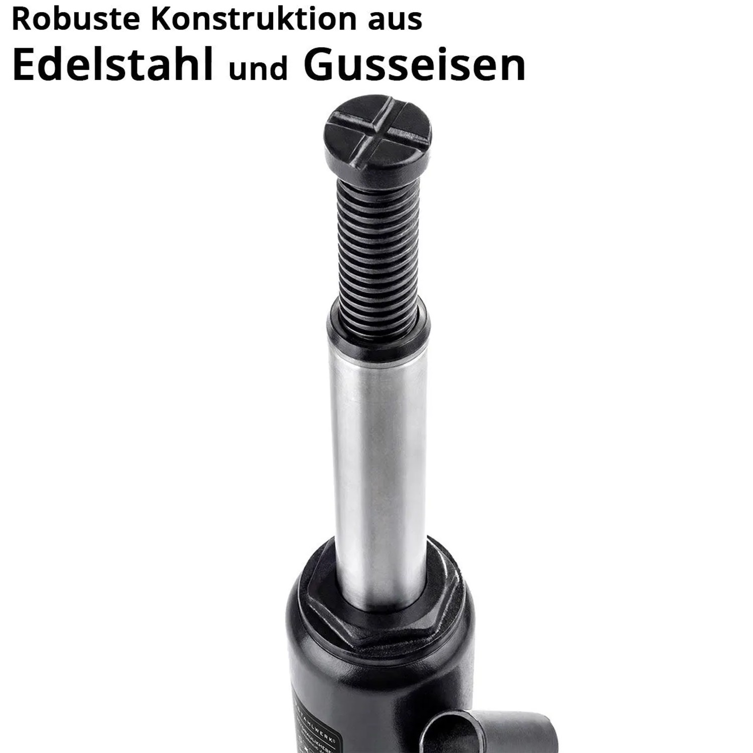 STAHLWERK Hydraulikheber aus Edelstahl und Gusseisen. Schwarzer Stempelwagenheber mit silbernem Hubzylinder und Stellschraube, 4 T.