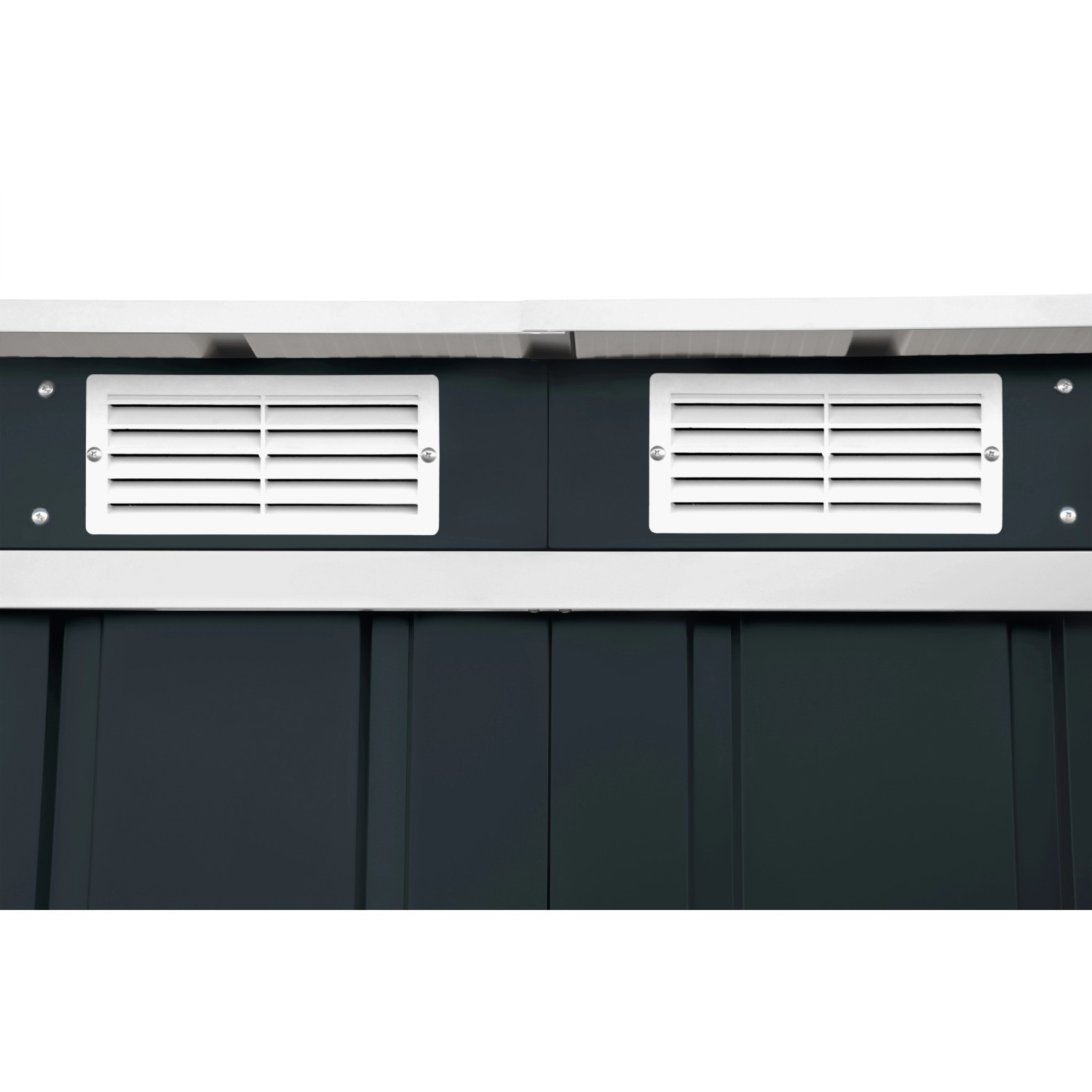 Detailansicht: Anthrazitfarbenes Duramax Metallgerätehaus mit zwei weißen Lüftungsgittern.