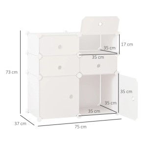 Weißer HOMCOM Schuhschrank (75x37x73 cm) aus Kunststoff und Metall mit offenen und geschlossenen Fächern.