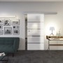 Moderne Glasschiebetür mit Siebdruck Dekor im Wohnraum. ESG Floatglas Schiebetür für Innenräume.