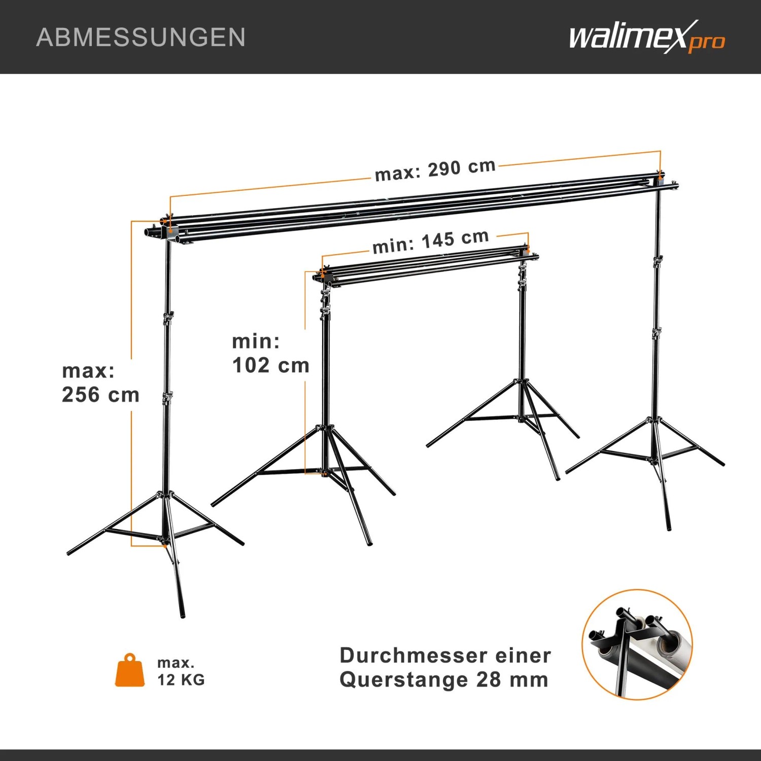 Walimex Pro 3-fach Hintergrundsystem: variable Maße 145-290cm Breite, 102-256cm Höhe. Höhenverstellbare Stative für Fotostudio.