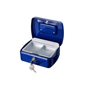 Offene blaue Burg Wächter Geldkassette Office Line 2167 mit Einsatz und Schlüssel.