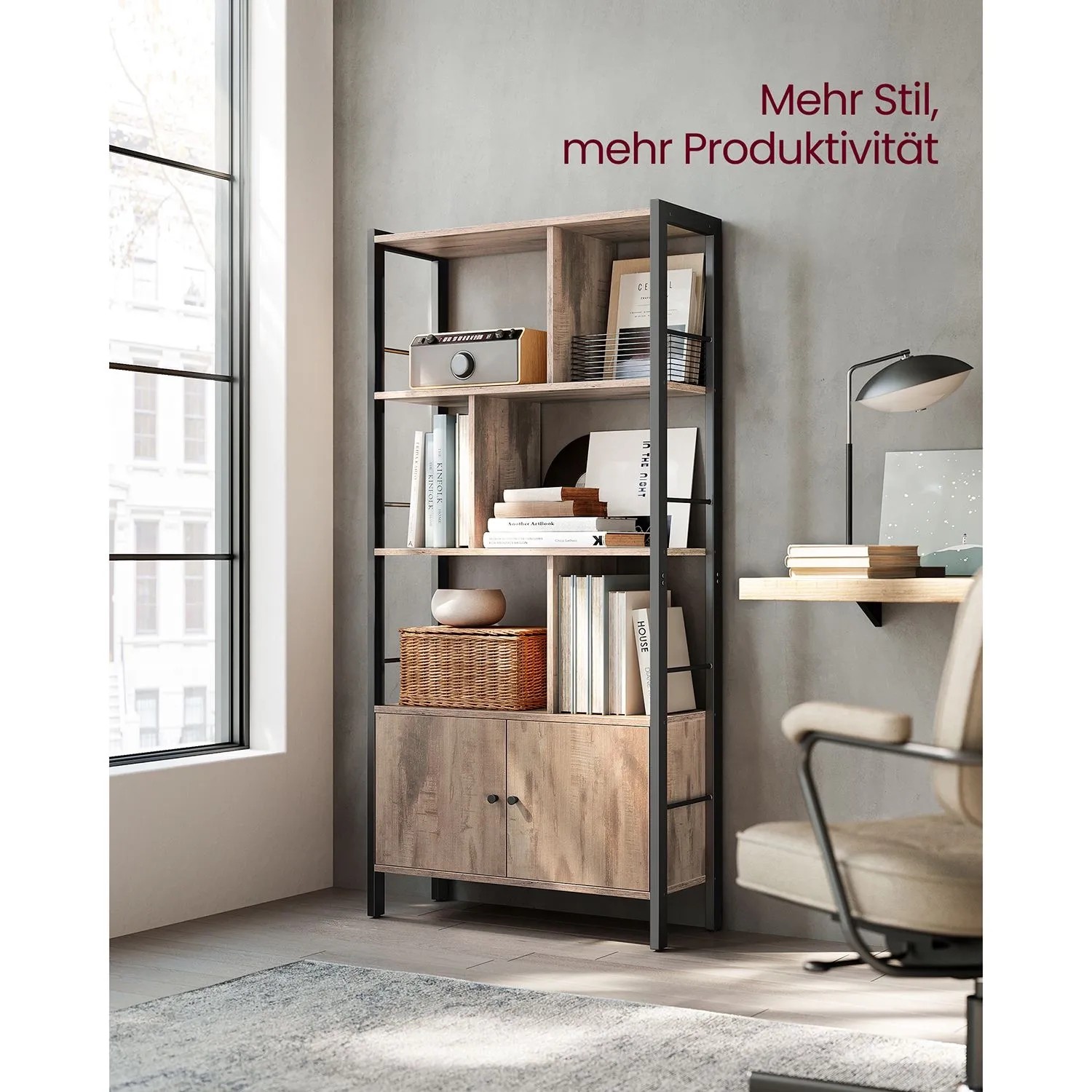 Vasagle Bücherregal mit 4 Ebenen, braun-schwarz, mit offenem und geschlossenem Stauraum.