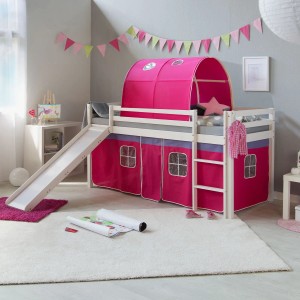 Homestyle4u Hochbett 90x200 mit Vorhang Lattenrost Rutsche und Tunnel in Weiß 2578