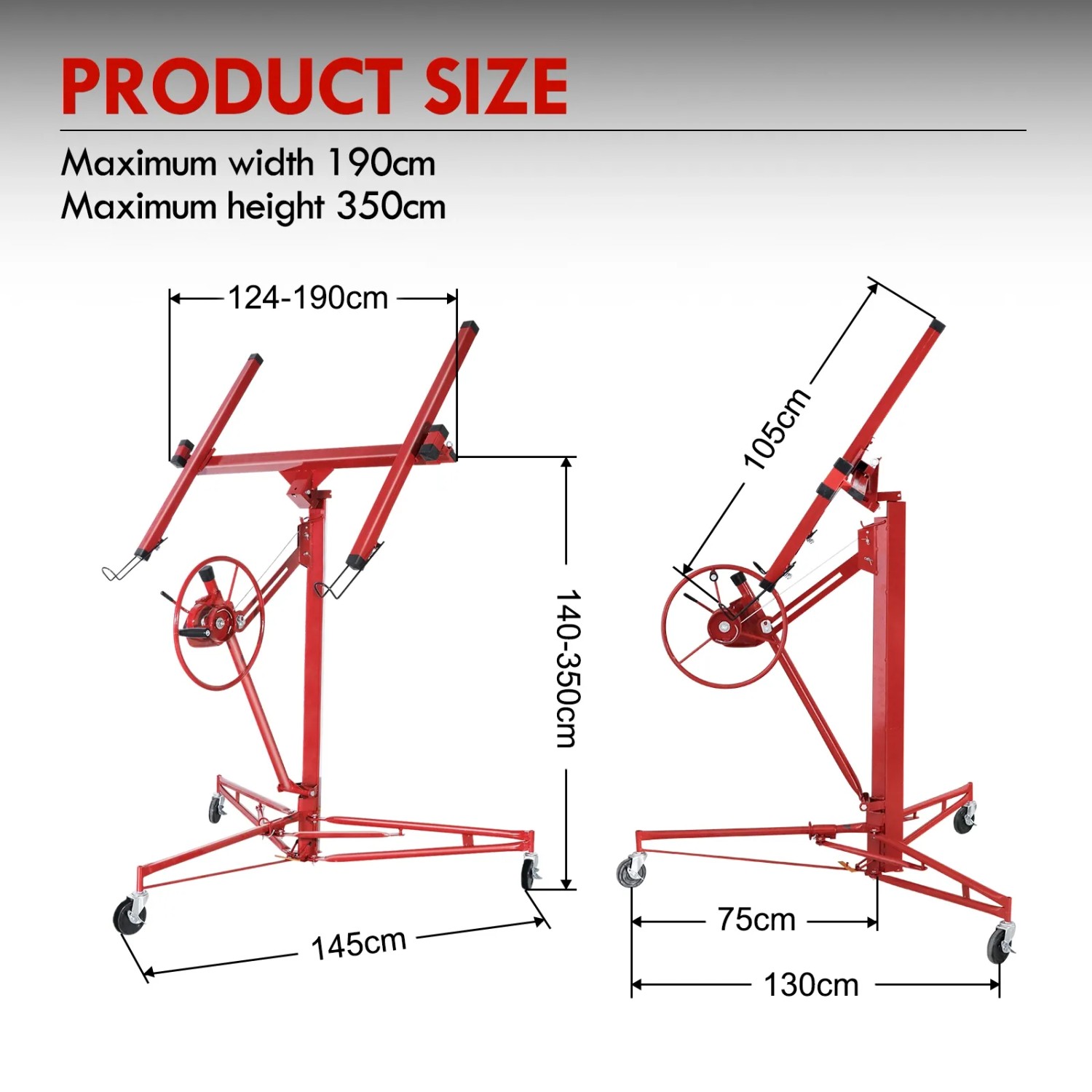 XXL Plattenheber Klappbar – Für Trockenbau & Rigips, Tragkraft 68 Kg, Höhe 140-350 Cm, 3 Räder Mit Feststellbremse, Rot, Werkzeuglose Montage