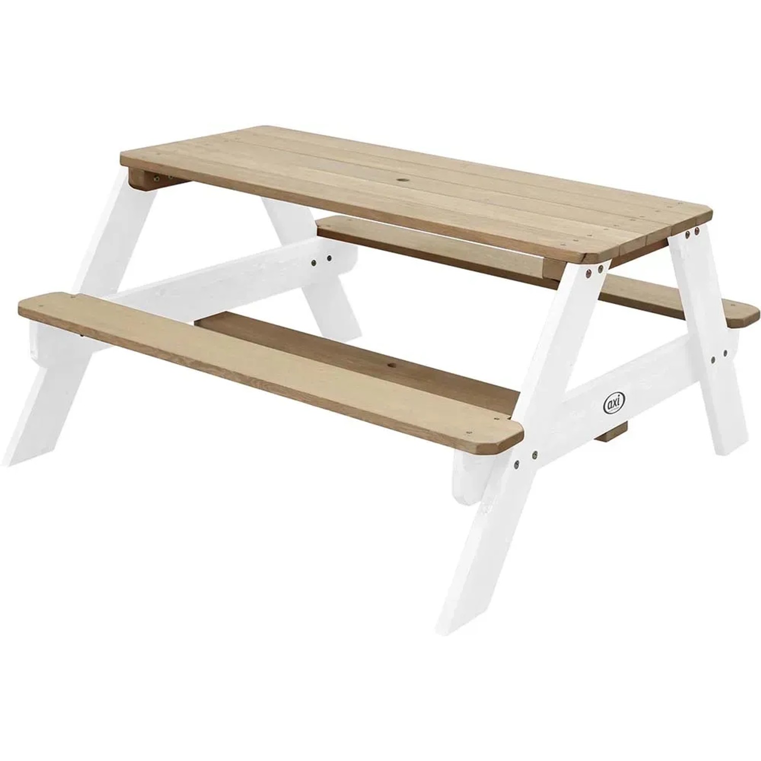 Axi Nick Picknicktisch aus Holz, braune Tischplatte, weiße Beine. Ideal für Kinder.