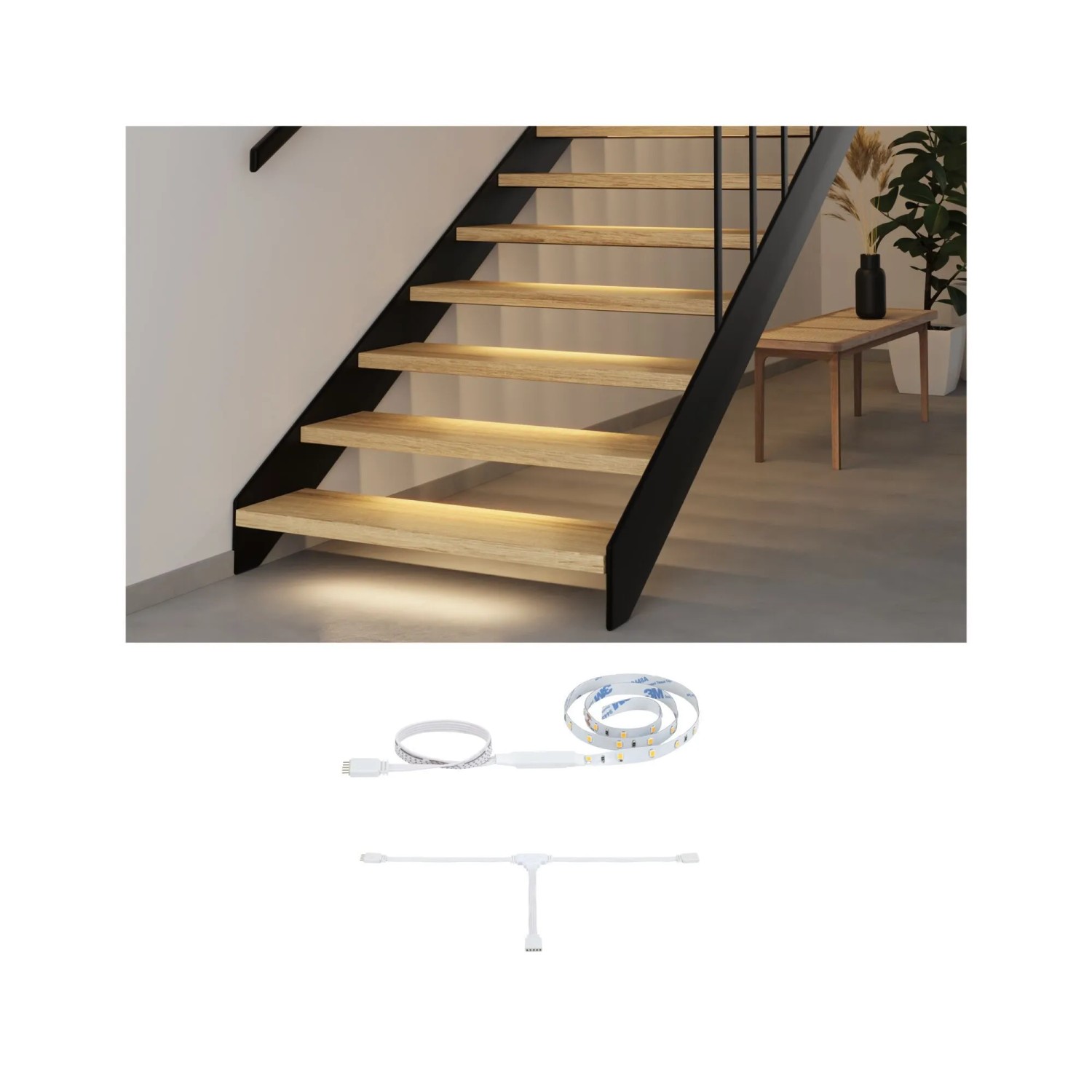 Paulmann MaxLED Stair LED-Strip-Erweiterung 0,5 m. Beleuchtete Holztreppe, LED-Streifen und Verteiler.