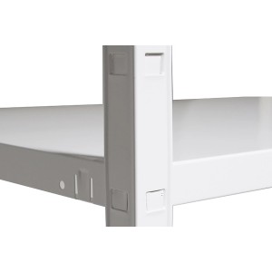 Detailaufnahme: Weißes Schulte Steck-Grundregal mit PowerMAX Fachböden und Stecksystem.