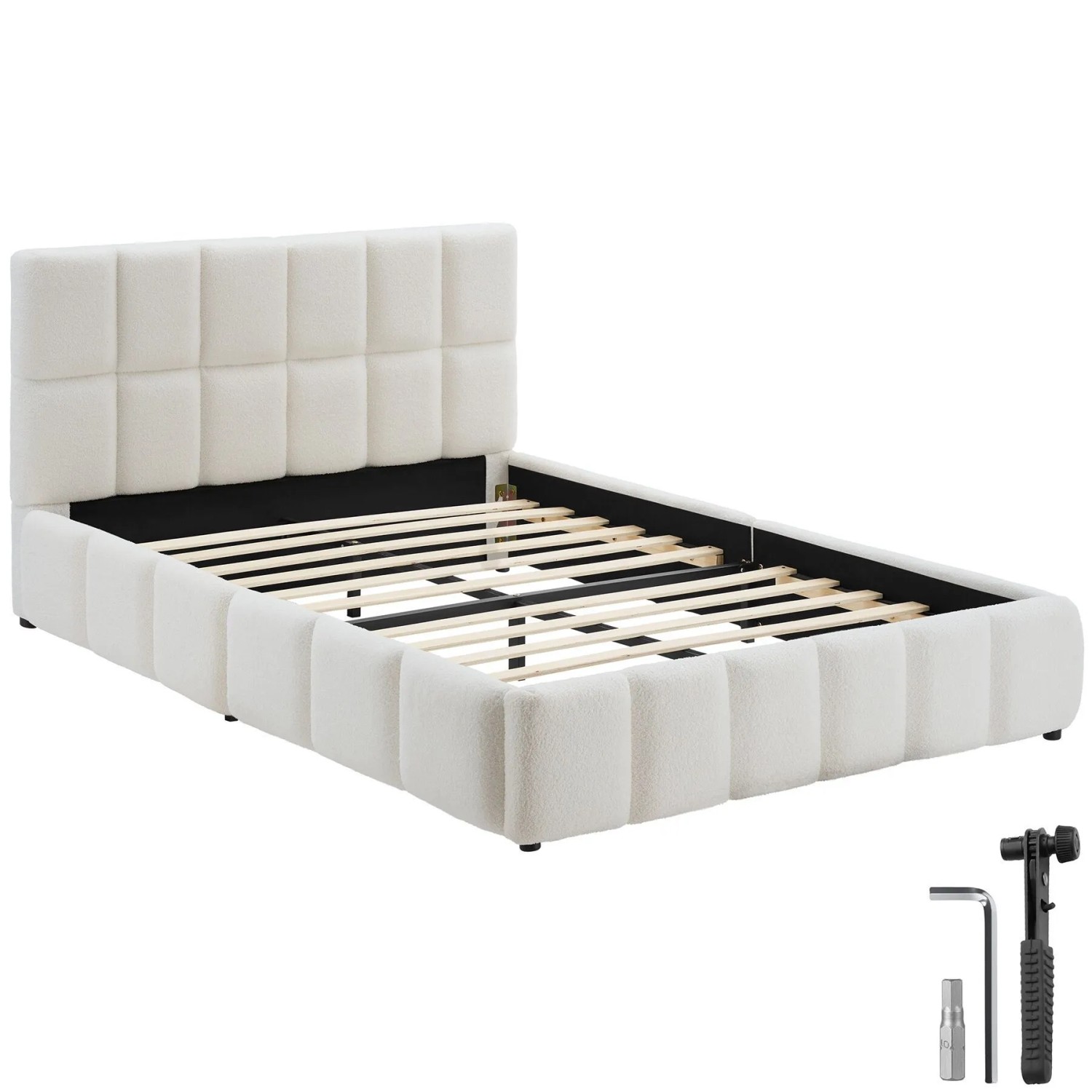 Tectake Polsterbett Shirley Teddystoff Mit Steppmuster Integrierter Lattenrost 140 x 200 cm 220 x 153 x 93 cm Teddy Creme