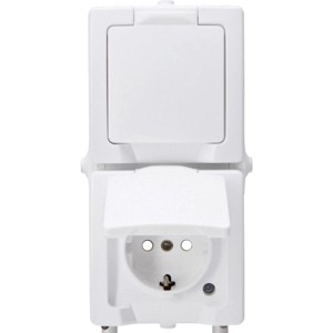 Aufputz-Feuchtraum Steckdose von Kopp, 2-fach, senkrecht, mit Klappdeckel in Arktisweiß.