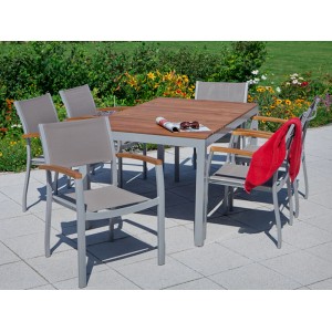 7-teilige Gartenmöbelgruppe Naxos mit Tisch und 6 Stühlen aus Akazienholz und grauem Textil.