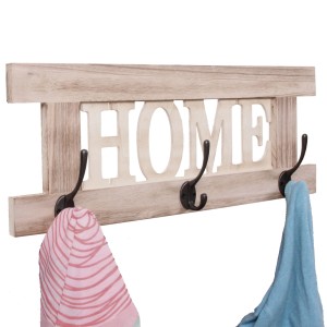 MCW Wandgarderobe C60 im Shabby-Look, naturbraun, mit 3 Doppelhaken und HOME Schriftzug.