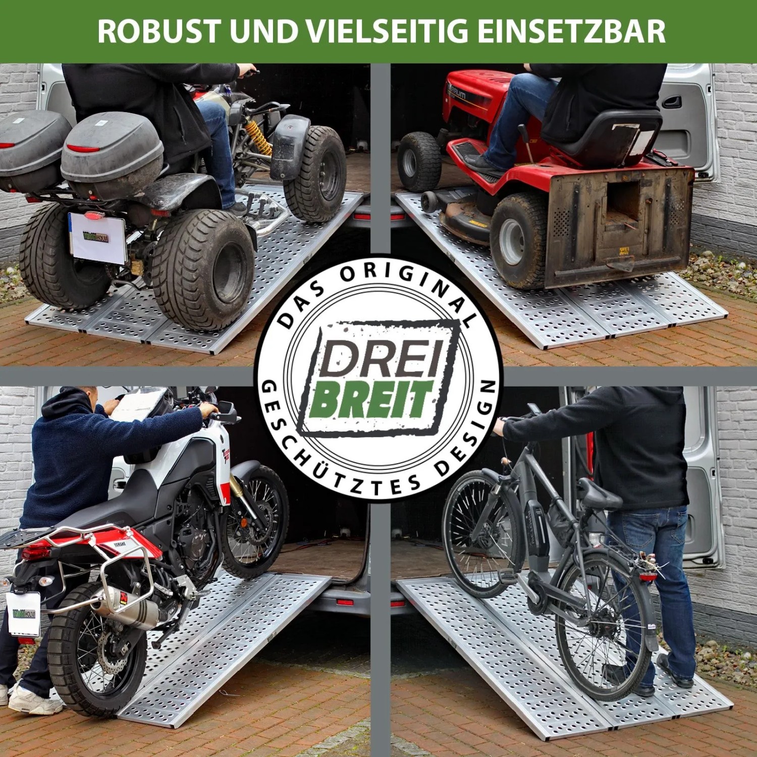 DREIBREIT 3-fach Auffahrrampe zum Verladen von Motorrad, Quad, Rasentraktor und Fahrrad.