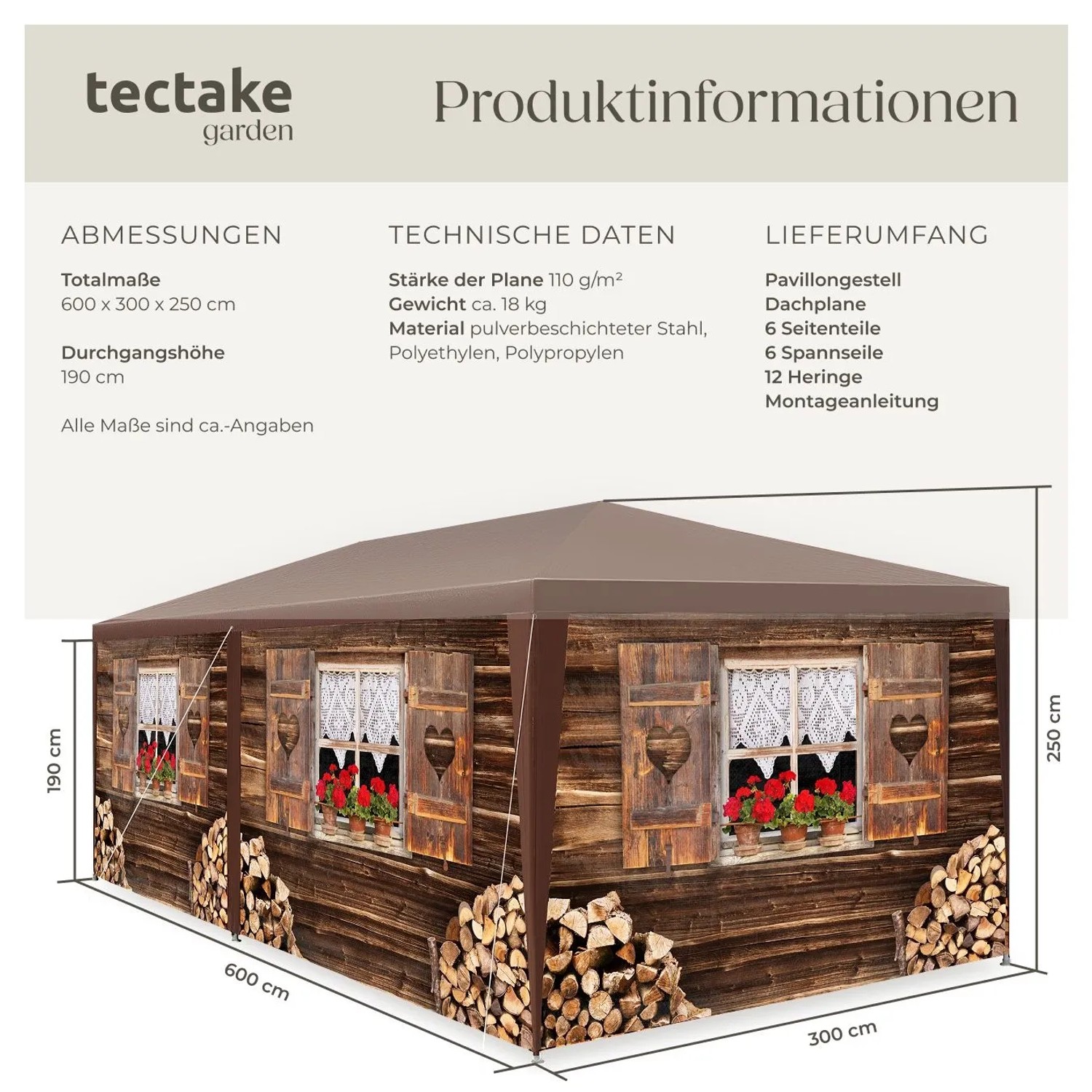 Tectake Pavillon Almchalet In 2 Größen Im Steckystem Abnehmbare Seitenteile 600 x 300 x 250 cm Braun_6
