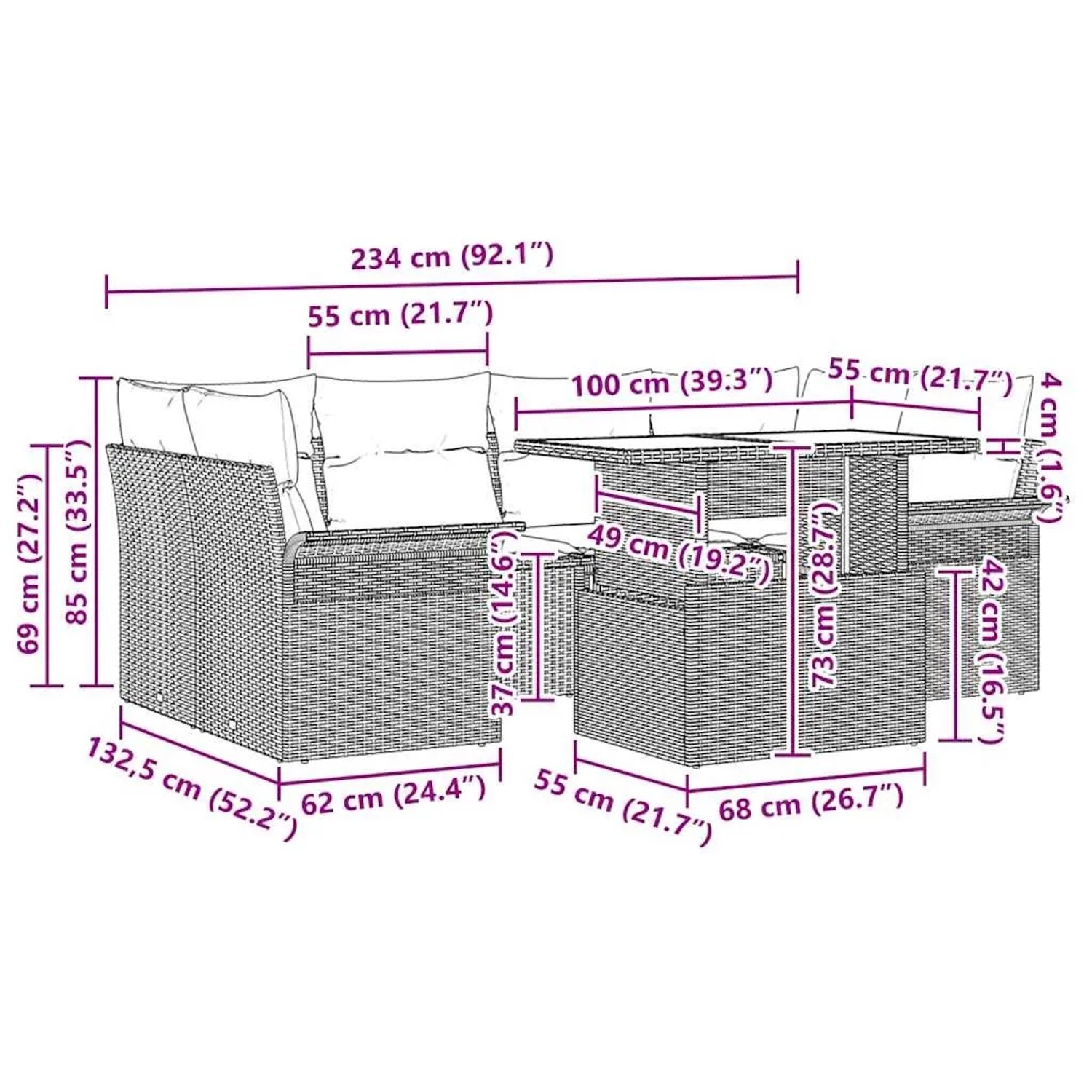 vidaXL Gartenmöbel-Set, 7-teilig, schwarz, Poly Rattan, mit Maßangaben.