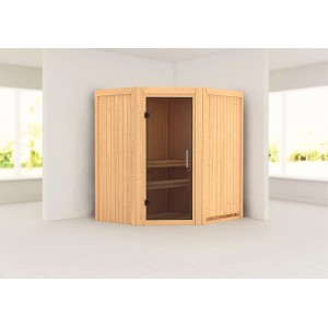 Karibu Sauna Tjorven Natur, Eckeinstieg mit Glastür, Holzverkleidung und Bänken.