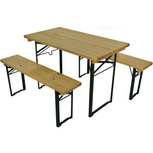 Bierzeltgarnitur für Balkon/Terrasse mit 60 cm Tischbreite, Holzplatten und grünem Stahlgestell.