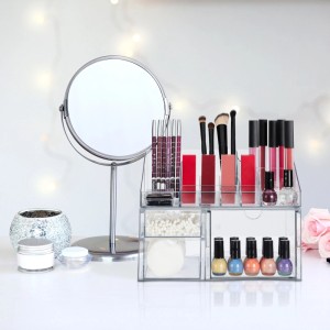 Transparenter Relaxdays Make-up Organizer aus Kunststoff mit 3 Schubladen und Fächern, gefüllt mit Kosmetik.