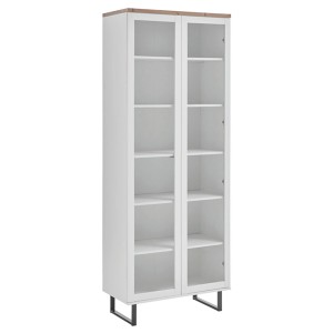 Ebuy24 Anna Vitrinenschrank, 2-türig, Weiß/Eiche Dekor, mit Glasfronten und Metallfüßen.