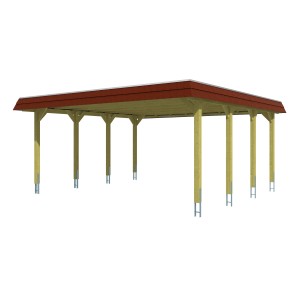 Skan Holz Doppelcarport Spreewald mit Walmdach und roter Blende, Holzkonstruktion.