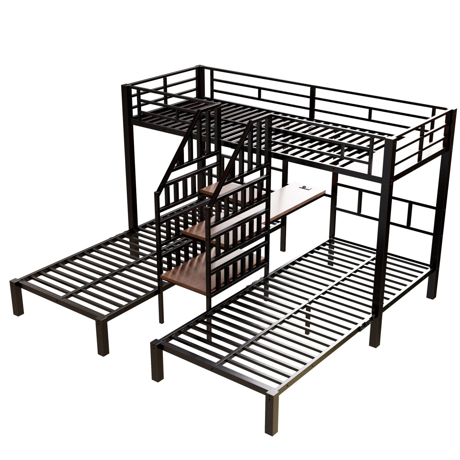 okwish Dreier Etagenbett 90x200cm mit LED und Schreibtisch Schwarz ohne Matratze