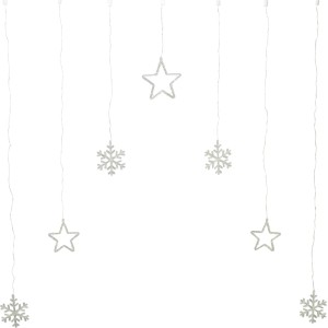 Warmweißer Mikro-LED-Vorhang mit Schneeflocken- und Sternen-Design, 120x120 cm. Festliche Weihnachtsdekoration.