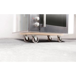 Rechteckiges Transportbrett TE-200 mit weichen Rollen unter einem Gerät. Tragkraft 200 kg.