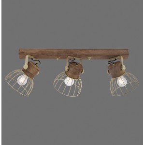 Dreiflammiger Just Light Spot Alami aus Holz und Messing matt, 76cm breit.