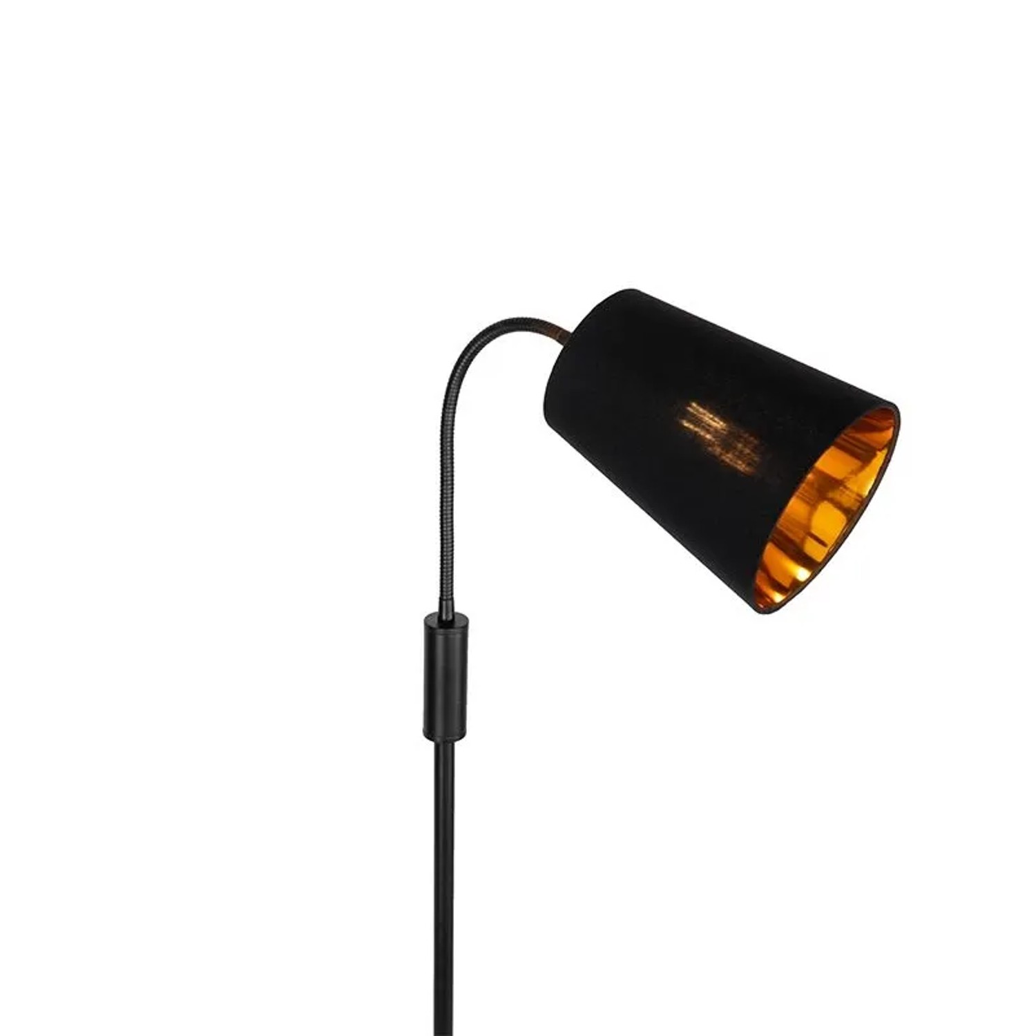 Moderne, schwarze Stehleuchte Carmen mit goldenem Lampenschirm für Innenräume.
