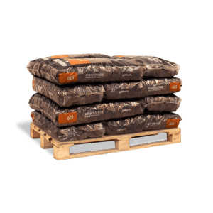 Palette mit 12 Säcken Galamio Pinien Rindenmulch Deko Plus, 720l Gesamtvolumen.