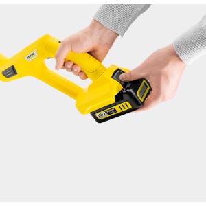 Kärcher Akku-Rasentrimmer LTR 18-25 mit eingesetztem Akku. Der Akku ist schwarz und gelb.