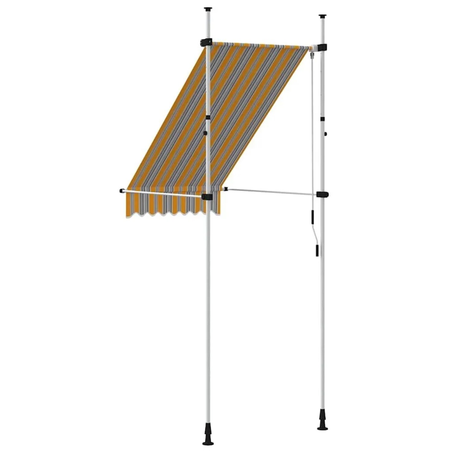 Einziehbare Markise, handbetrieben, gelb-blau gestreift, 100 cm breit. Schattenspender für Balkon & Terrasse.
