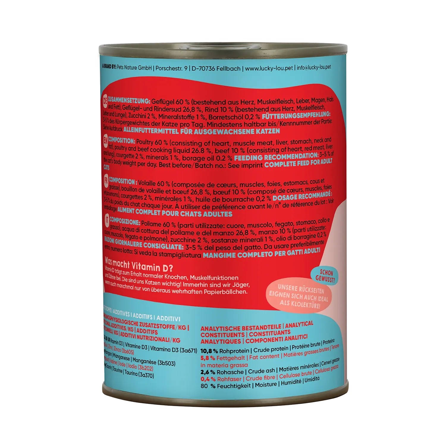Lucky Lou Katzen-Nassfutter Adult Geflügel & Rind, 400g Dose.