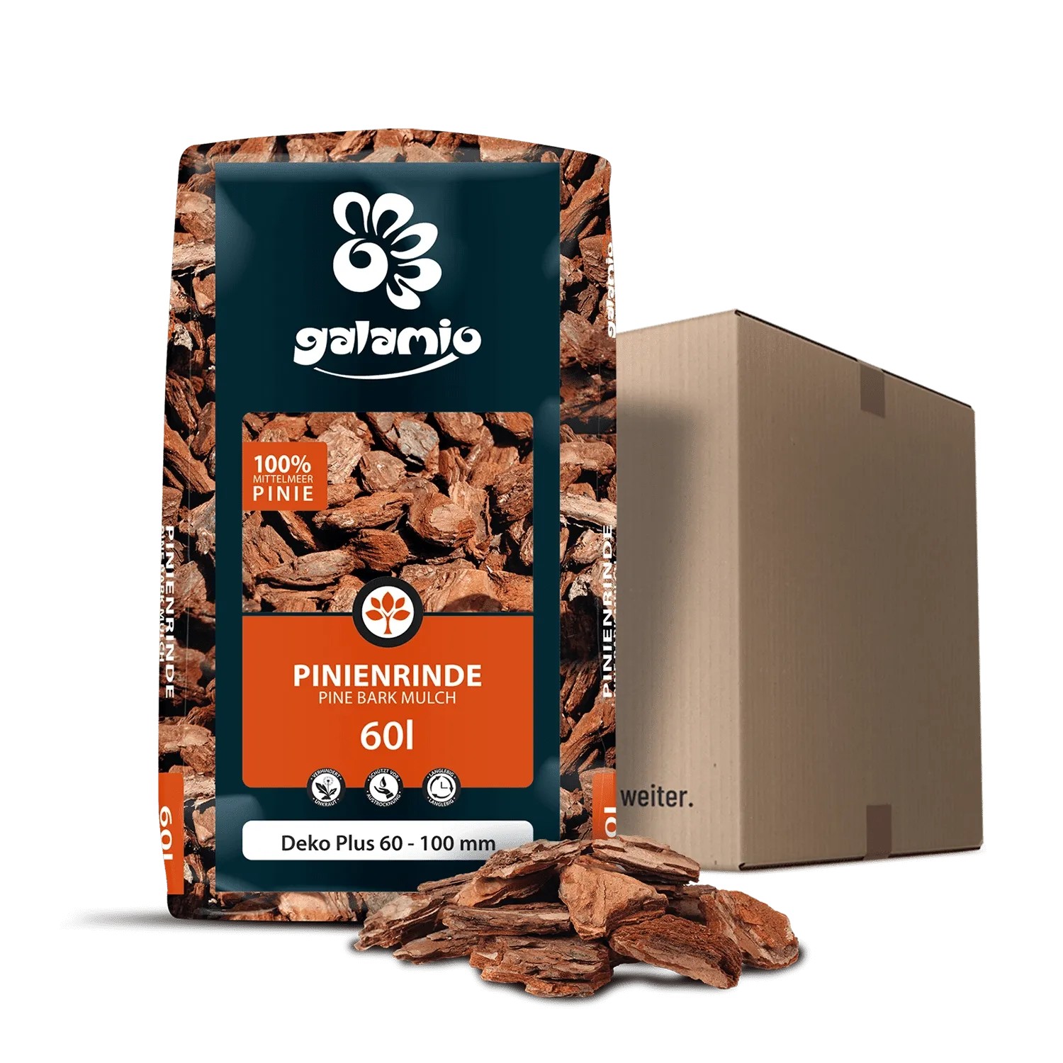 Sack Galamio Pinienrinde Deko Plus 60l mit loser Rinde und Versandkarton.