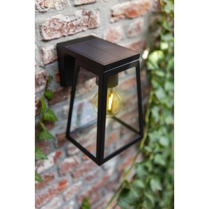 Anthrazitfarbene Lutec LED Solar-Wandleuchte Fia mit klarem, kantigem Design und integriertem Solarpanel.