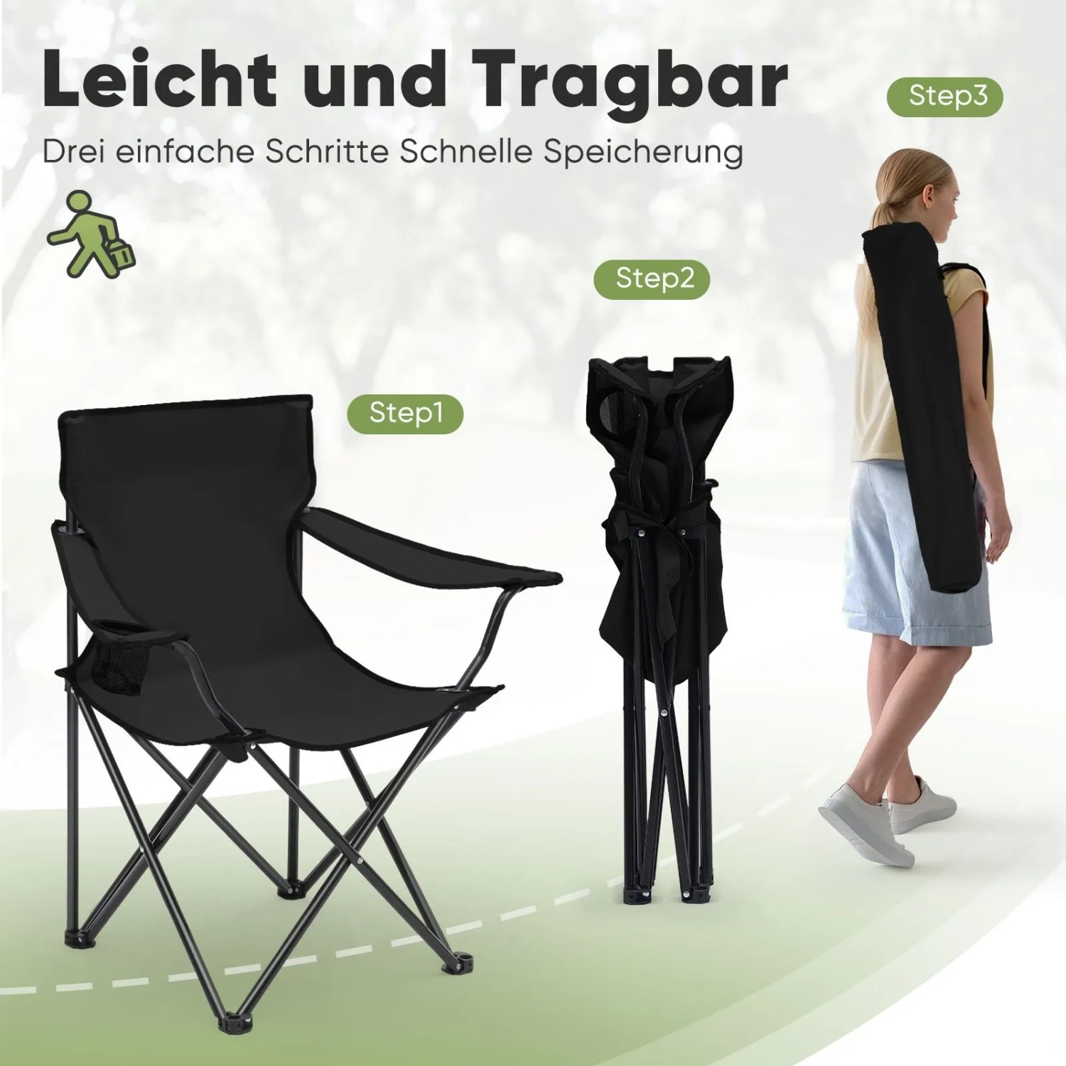 Sunula Campingstuhl, schwarz, faltbar mit Getränkehalter und Tragetasche, in drei Schritten aufgebaut.