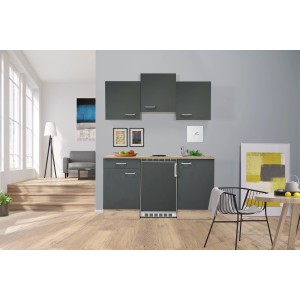 Flex-Well Singleküche Morena, 150 cm, Basaltgrau/San Remo Eiche: Miniküche mit Kühlschrank und Kochfeld.