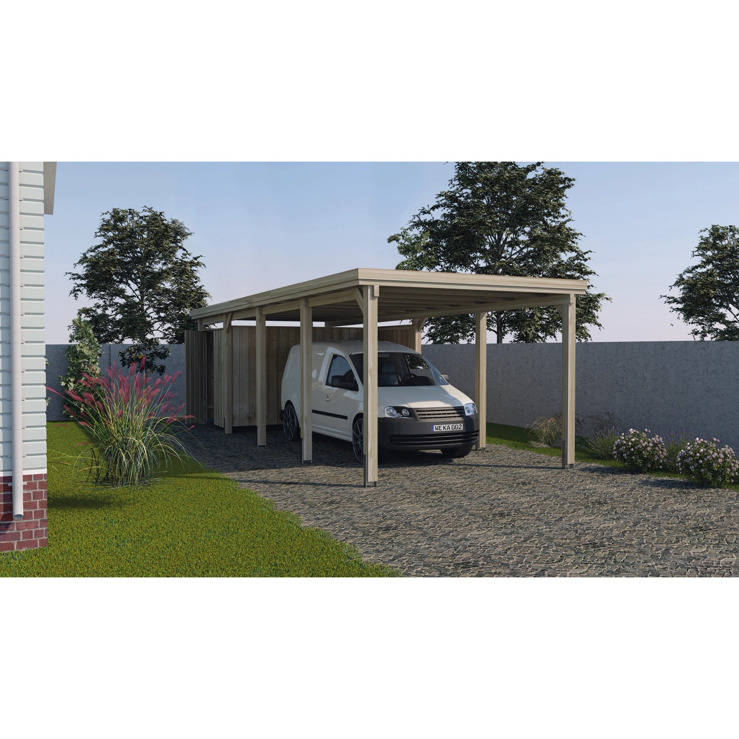 Weka Flachdach Einzelcarport 617 Gr. 3 ohne Dachplatten 322 cm x 802 cm