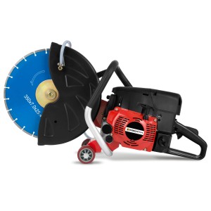 EBERTH Benzin Trennschleifer mit 350mm Trennscheibe, roter 2-Takt Motor und schwarzem Schutz.