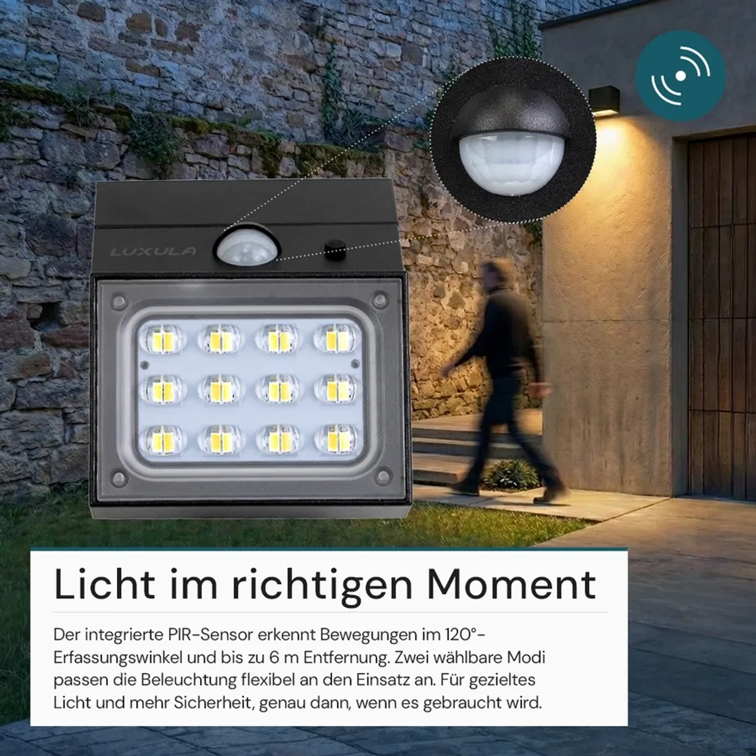 Schwarze LUXULA Solar Wandleuchte mit Bewegungsmelder und warm- bis kaltweißem Licht.