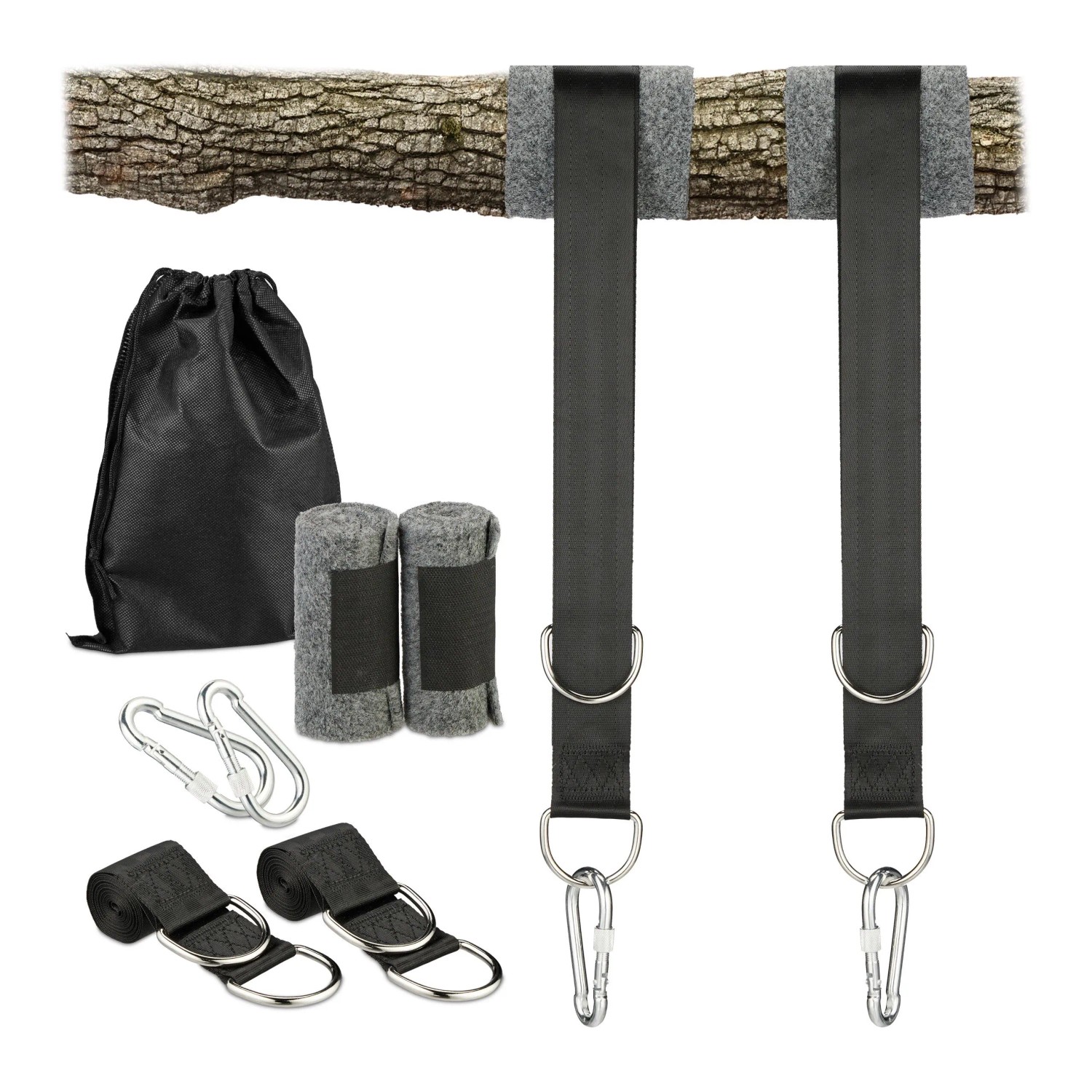 Relaxdays Hängemattenaufhängung 7-tlg. Set Polyester Eisen Filz Schwarz Grau Silber Belastbar 23 cm x 15 cm x 5 cm 540 g