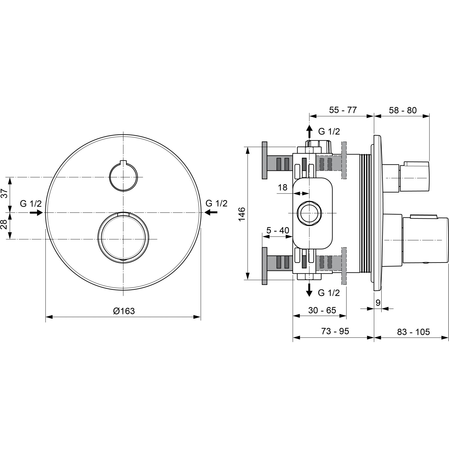 Technische Zeichnung: Ideal Standard Ceratherm T100 Unterputz Thermostat, Maße und Anschlüsse für Wannenarmatur.