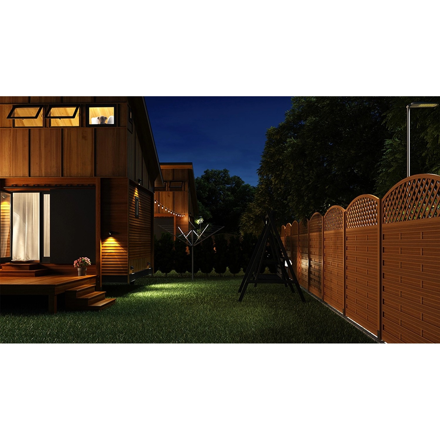 Brauner Sichtschutzzaun Bordeaux mit Kreuzgitter vor Garten und Haus.