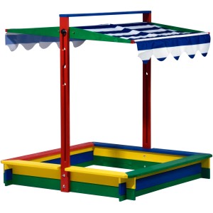 Bunter Holz Sandkasten XL mit Dachlift (120x120x120cm) und UV-Schutz.