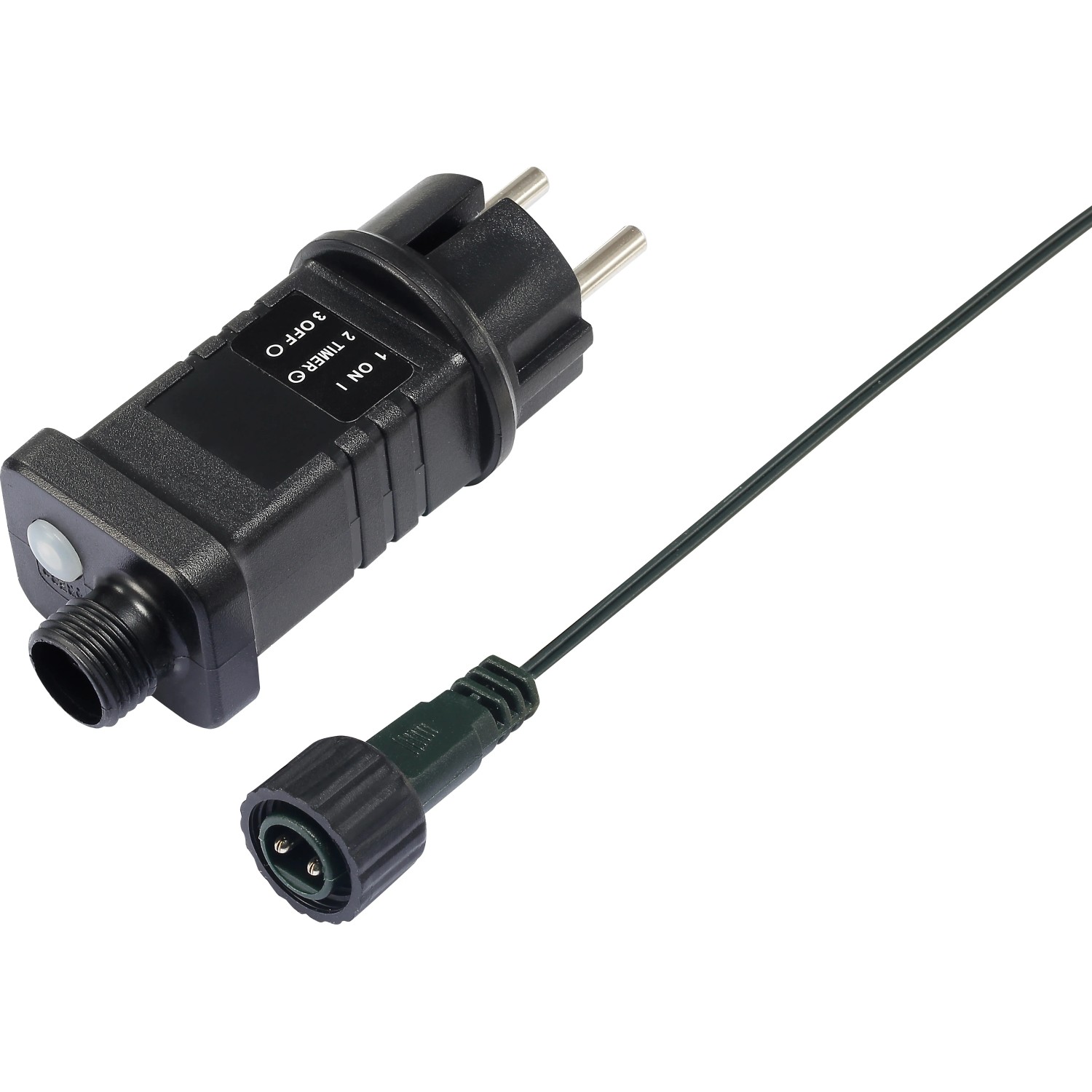 Detailaufnahme: Stecker und Kabel der LED-Lichterkette für Außen, grünes Kabel.