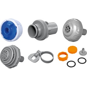Zubehör für Sandfilteranlage: Düsen, Adapter, Dichtungen und Klemmen für Pool-Reinigung.