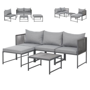 Modulare Svita Detroit Polyrattan Gartenlounge in Grau. Zeigt Ecksofa, Tisch, Kissen und flexible Aufbaumöglichkeiten.