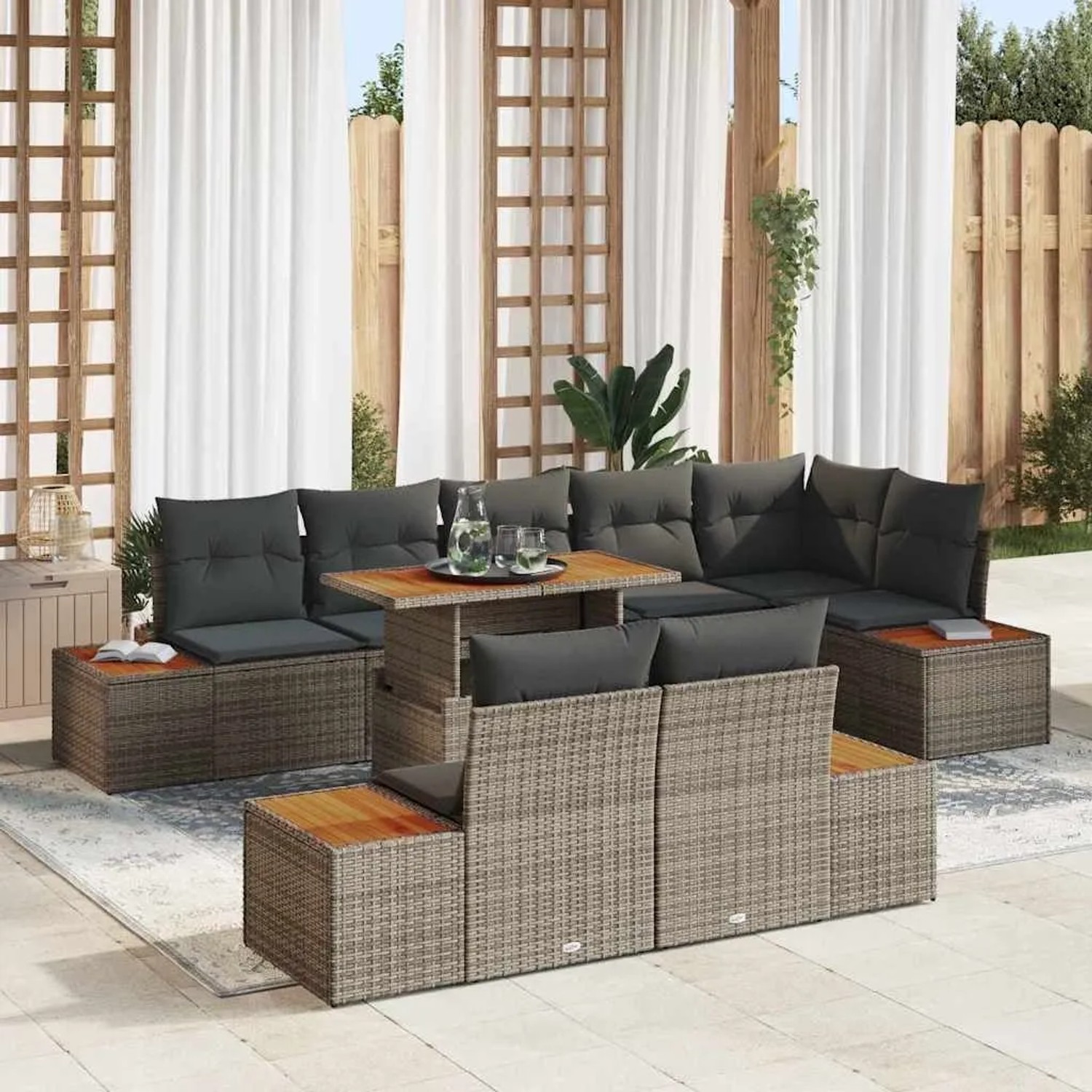 Modulare vidaXL Garten Essgruppe 9-tlg. aus grauem Poly-Rattan mit dunklen Kissen und Akazienholz-Tisch auf Terrasse.