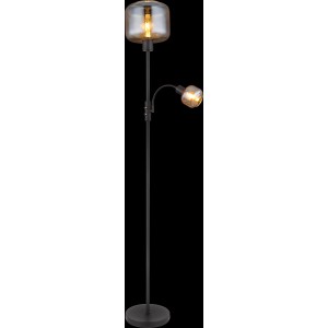 Globo Stehlampe, 2-flammig, schwarz matt mit Amber Glas, Design-Stehleuchte.