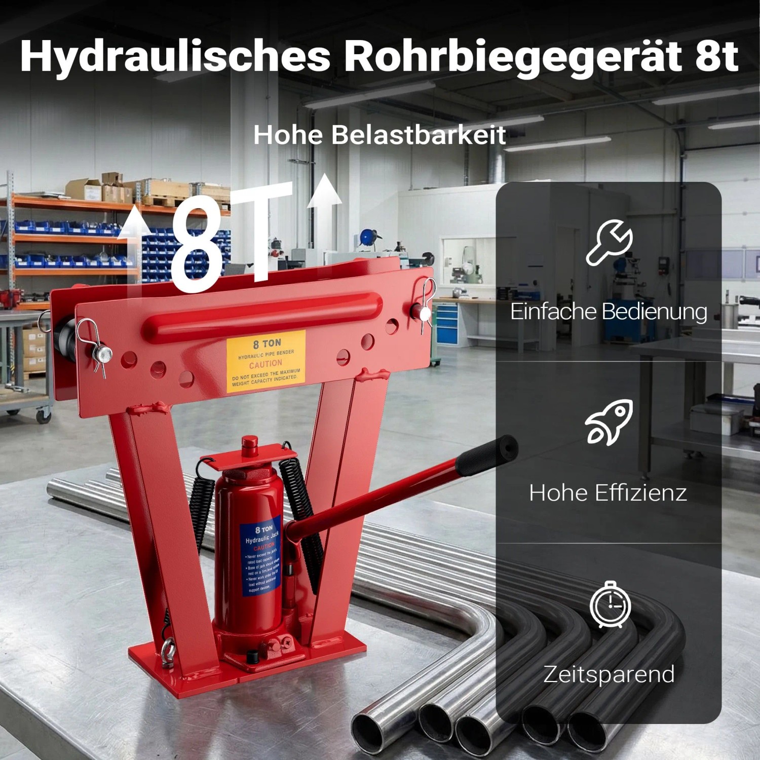 Rote hydraulische Rohrbiegemaschine mit Hebel, 8T Presskraft, für präzises Rohrbiegen. Ideal zur Rohrbearbeitung.
